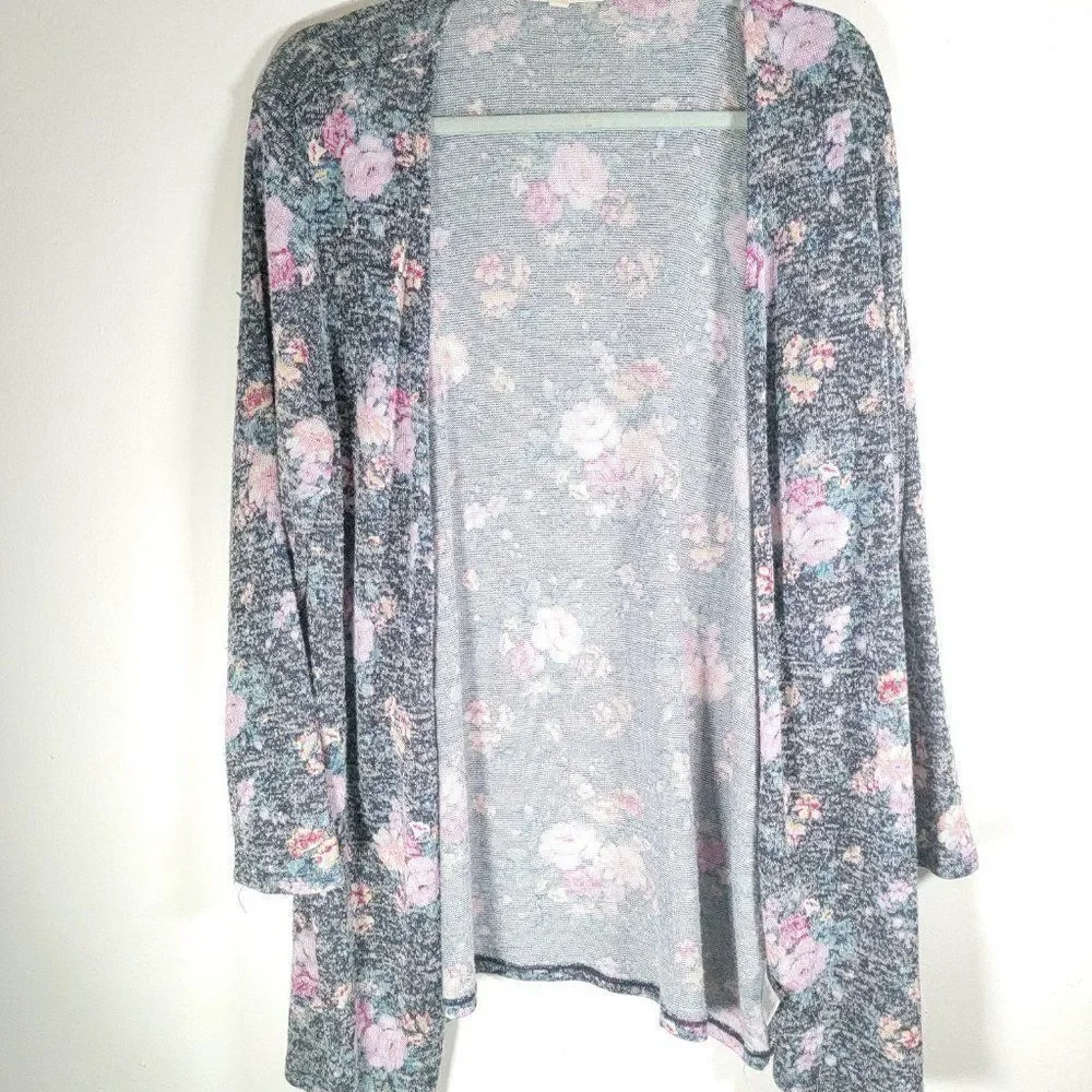 Wallflower Womens Black Floral Open Front Long Sleeve Cardigan Sweater Size XL